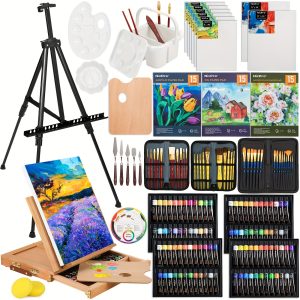 Nicpro 158PCS Deluxe Large Painting Kit With Metal And Solid Beech Wood Easel, Acrylic, Oil & Watercolor Paint Set, Paint Brushes, Canvases, Palette, Paper Pad, Professional Art Set