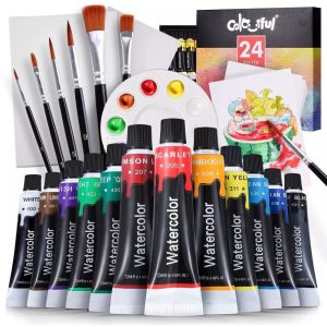 Colorful Watercolor Paint Set 24 Colors Watercolor Paint Tubes with 6 Brushes, 1 Palette for adult